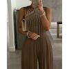 imageCHICME Womens One Piece Jumpsuit Rhinestone Cutout Ruched Wide Leg Jumpsuit Overall Long PantsCoffee