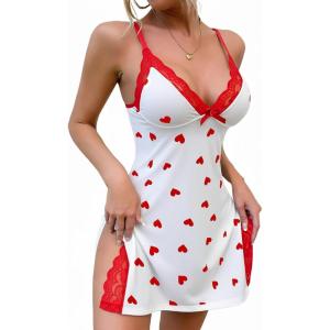 imageCHICME Womens Lace Trim Side Slit Modal Cami Sleep Dress Loungewear Cute Night Gowns for WomenQheart Red