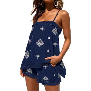 imageChicMe 2 Piece Geometric Embroidery Spaghetti Strap Tassel Design Square Neck Top Casual Shorts SetDark Blue