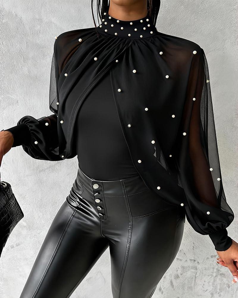 imageCHICME 2025 Womens Tops Dressy Casual Lantern Sleeve Chiffon Spliced Top with Pearls High Neck Slim Fit Cape Style BlouseBlack