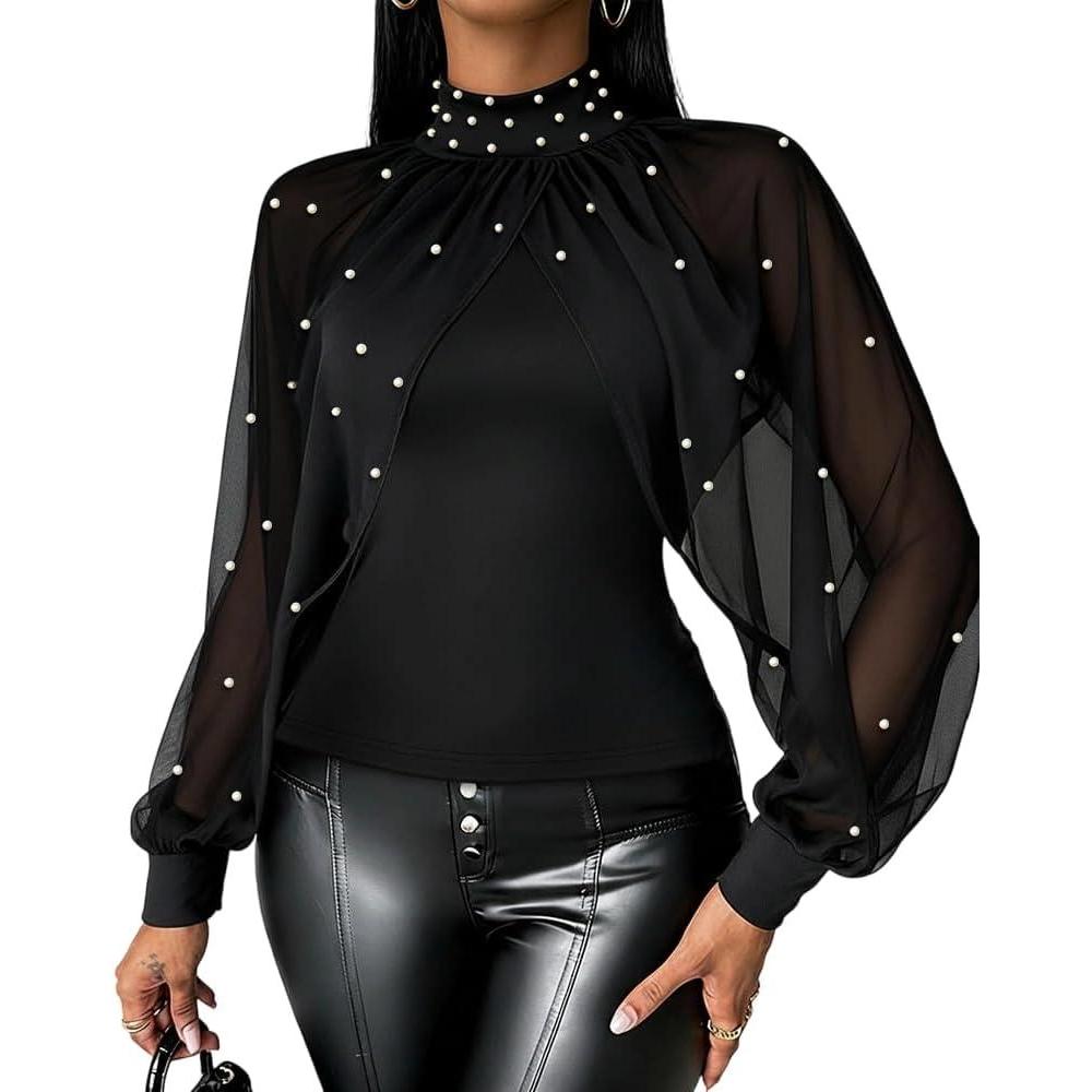 imageCHICME 2025 Womens Tops Dressy Casual Lantern Sleeve Chiffon Spliced Top with Pearls High Neck Slim Fit Cape Style BlouseBlack