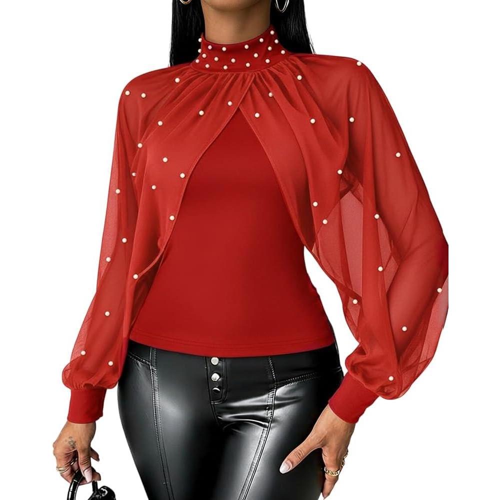 imageCHICME 2025 Womens Tops Dressy Casual Lantern Sleeve Chiffon Spliced Top with Pearls High Neck Slim Fit Cape Style BlouseRed
