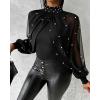 imageCHICME 2025 Womens Tops Dressy Casual Lantern Sleeve Chiffon Spliced Top with Pearls High Neck Slim Fit Cape Style BlouseBlack