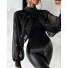 imageCHICME 2025 Womens Tops Dressy Casual Lantern Sleeve Chiffon Spliced Top with Pearls High Neck Slim Fit Cape Style BlouseBlack