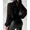 imageCHICME 2025 Womens Tops Dressy Casual Lantern Sleeve Chiffon Spliced Top with Pearls High Neck Slim Fit Cape Style BlouseBlack