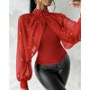 imageCHICME 2025 Womens Tops Dressy Casual Lantern Sleeve Chiffon Spliced Top with Pearls High Neck Slim Fit Cape Style BlouseRed