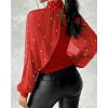 imageCHICME 2025 Womens Tops Dressy Casual Lantern Sleeve Chiffon Spliced Top with Pearls High Neck Slim Fit Cape Style BlouseRed