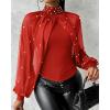 imageCHICME 2025 Womens Tops Dressy Casual Lantern Sleeve Chiffon Spliced Top with Pearls High Neck Slim Fit Cape Style BlouseRed