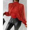 imageCHICME 2025 Womens Tops Dressy Casual Lantern Sleeve Chiffon Spliced Top with Pearls High Neck Slim Fit Cape Style BlouseRed