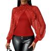 imageCHICME 2025 Womens Tops Dressy Casual Lantern Sleeve Chiffon Spliced Top with Pearls High Neck Slim Fit Cape Style BlouseRed