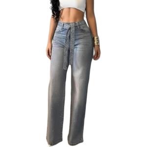 imageCHICME High Waisted Wide Leg Jeans for Women Rhinestone Embellished Denim Pants with Matching Sparkle BeltBlue