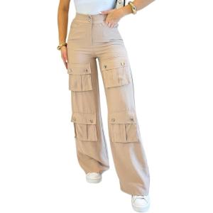 imageCHICME Womens High Waist Cargo Pants Zipper Fly Flap Pockets Design Elastic Back Waist Wide Leg Baggy PantsApricot