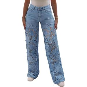 imageCHICME Womens High Waist Jeans Lace Spliced Stretchy Zipper Wide Leg Pants with Pockets HollowOut Baggy JeansLighted Blue