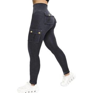 imageCHICME Womens High Waisted Jeggings Butt Lifting Stretch Cargo Leggings Skinny Workout Running Pants with Flap PocketsBlack