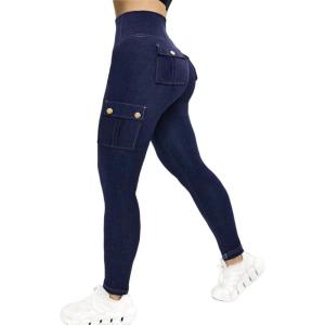 imageCHICME Womens High Waisted Jeggings Butt Lifting Stretch Cargo Leggings Skinny Workout Running Pants with Flap PocketsDark Blue