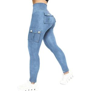 imageCHICME Womens High Waisted Jeggings Butt Lifting Stretch Cargo Leggings Skinny Workout Running Pants with Flap PocketsLight Blue