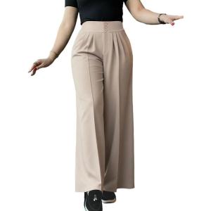 imageCHICME Work Pants for Women High Waist Wide Leg with Button Front and Side Pockets Work Pants Business Casual TrousersKhaki