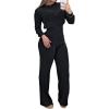 imageCHCIME Women 2 Piece Outfits Sets Round Neck Long Sleeve Semi Sheer Vertical Rib Top and High Waist Wide Leg Pants SetBlack