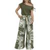 imageCHICME Women Summer 2 Piece Outfits Cold Shoulder Top Floral Print Wide Leg Pants Sets Travel Vacation Matching SetArmy Green