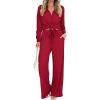 imageCHICME Womens 2 Piece Outfits Casual Spring 2026 Turn Down Collar Asymmetrical Hem Shirt and Drawstring Wide Leg PantsRed