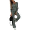 imageCHICME Womens Lounge Sets 2 Piece Ribbed Knit V Neck Long Sleeve Top Elastic Waist Wide Leg Pants Matching SweatsuitsGreen