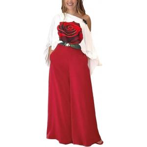 imageCHICME 2 Piece Sets for Women Off Shoulder Lantern Sleeve Top Flowy Rose Print Wide Leg Pants SetRed