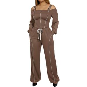 imageCHICME Two Pieces Sets for Women Spring Cold Shoulder Long Sleeve Tops Wide Leg Pants Matching Lounge Sets Airport OutfitAcoffee