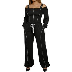 imageCHICME Two Pieces Sets for Women Spring Cold Shoulder Long Sleeve Tops Wide Leg Pants Matching Lounge Sets Airport OutfitBlack