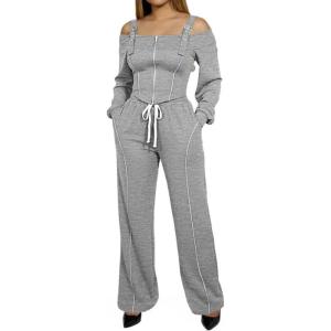 imageCHICME Two Pieces Sets for Women Spring Cold Shoulder Long Sleeve Tops Wide Leg Pants Matching Lounge Sets Airport OutfitGray