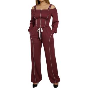 imageCHICME Two Pieces Sets for Women Spring Cold Shoulder Long Sleeve Tops Wide Leg Pants Matching Lounge Sets Airport OutfitWine Red