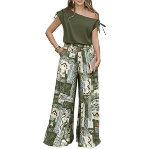 imageCHICME Women Summer 2 Piece Outfits Cold Shoulder Top Floral Print Wide Leg Pants Sets Travel Vacation Matching SetArmy Green