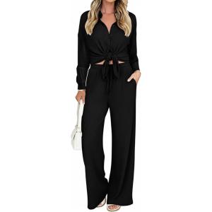 imageCHICME Womens 2 Piece Outfits Casual Spring 2026 Turn Down Collar Asymmetrical Hem Shirt and Drawstring Wide Leg PantsBlack