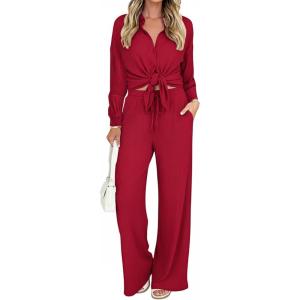 imageCHICME Womens 2 Piece Outfits Casual Spring 2026 Turn Down Collar Asymmetrical Hem Shirt and Drawstring Wide Leg PantsRed