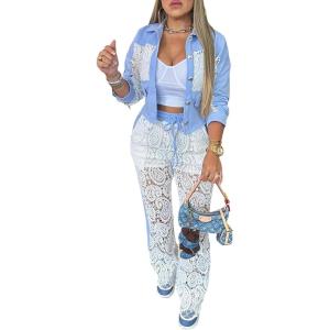 imageCHICME Womens 2 Piece Outfits Pants Set Spring 2026 Guipure Lace Spliced Colorblock Sweatshirt and Pants SetBlue
