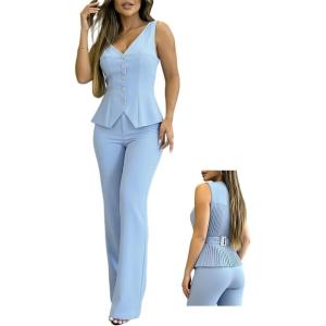 imageCHICME Womens 2 Piece Outfits Plain Sleeveless Button VNeck Vest Top and Wide Leg Pants Set Business Casual Pants SuitsLighted Blue