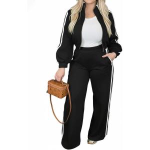 imageCHICME Womens 2 Piece Outfits Spring 2026 Casual Striped Tracksuit Sets Crop Zip Shirt Sporty Wide Leg PantsBlack