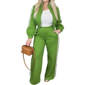 imageCHICME Womens 2 Piece Outfits Spring 2026 Casual Striped Tracksuit Sets Crop Zip Shirt Sporty Wide Leg PantsGreen