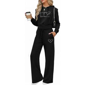 imageCHICME Womens 2 Piece Outfits Spring 2026 Cropped Hoodie and Wide Leg Sweatpants Casual TracksuitBlack