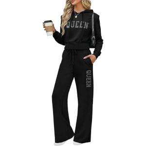imageCHICME Womens 2 Piece Outfits Spring 2026 Cropped Hoodie and Wide Leg Sweatpants Casual TracksuitBlack B