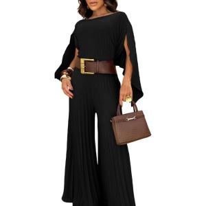 imageCHICME Womens 2 Piece Pleated Outfit Set Stylish Asymmetrical One Shoulder Top ampamp High Waist Wide Leg PantsBlack
