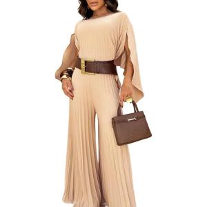 imageCHICME Womens 2 Piece Pleated Outfit Set Stylish Asymmetrical One Shoulder Top ampamp High Waist Wide Leg PantsKhaki