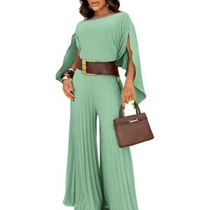 imageCHICME Womens 2 Piece Pleated Outfit Set Stylish Asymmetrical One Shoulder Top ampamp High Waist Wide Leg PantsLight Green