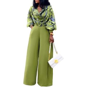 imageCHICME Womens 2 Pieces Outfit Abstract Print Cowl Neck Lantern Sleeve Crop Top and Wide Leg Pants SetAgreen