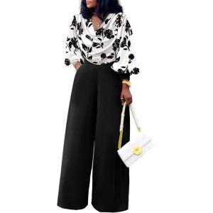 imageCHICME Womens 2 Pieces Outfit Abstract Print Cowl Neck Lantern Sleeve Crop Top and Wide Leg Pants SetBlack