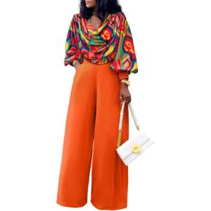 imageCHICME Womens 2 Pieces Outfit Abstract Print Cowl Neck Lantern Sleeve Crop Top and Wide Leg Pants SetOrange