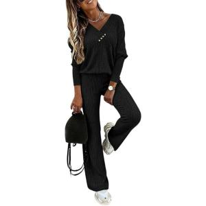 imageCHICME Womens Lounge Sets 2 Piece Ribbed Knit V Neck Long Sleeve Top Elastic Waist Wide Leg Pants Matching SweatsuitsBlack
