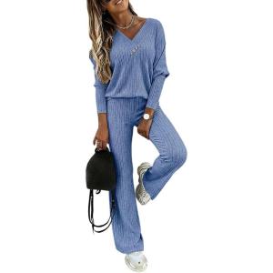 imageCHICME Womens Lounge Sets 2 Piece Ribbed Knit V Neck Long Sleeve Top Elastic Waist Wide Leg Pants Matching SweatsuitsBlue