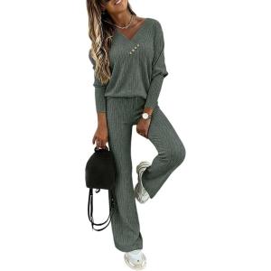 imageCHICME Womens Lounge Sets 2 Piece Ribbed Knit V Neck Long Sleeve Top Elastic Waist Wide Leg Pants Matching SweatsuitsGreen