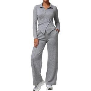 imageCHICME Womens Stylish 2 Piece Outfits Fashion Gray Long Sleeve Criss Cross Top and Comfy Wide Leg Pants Set with PocketsGray
