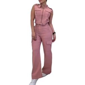 imageCHICME Womens Summer 2 Piece Outfits Zipper Front Crop Tank Wide Leg Pants Lounges Set Casual Travel Vacation OutfitsApink